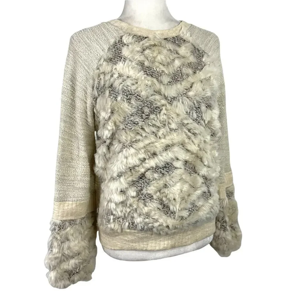 Anthropologie Amadi Calista Knit Faux Fur Cream Textured Sweater Cotton Small